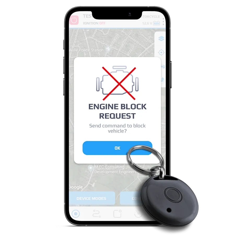 Meta Trak app asking to confirm an engine block, with the driver ID tag