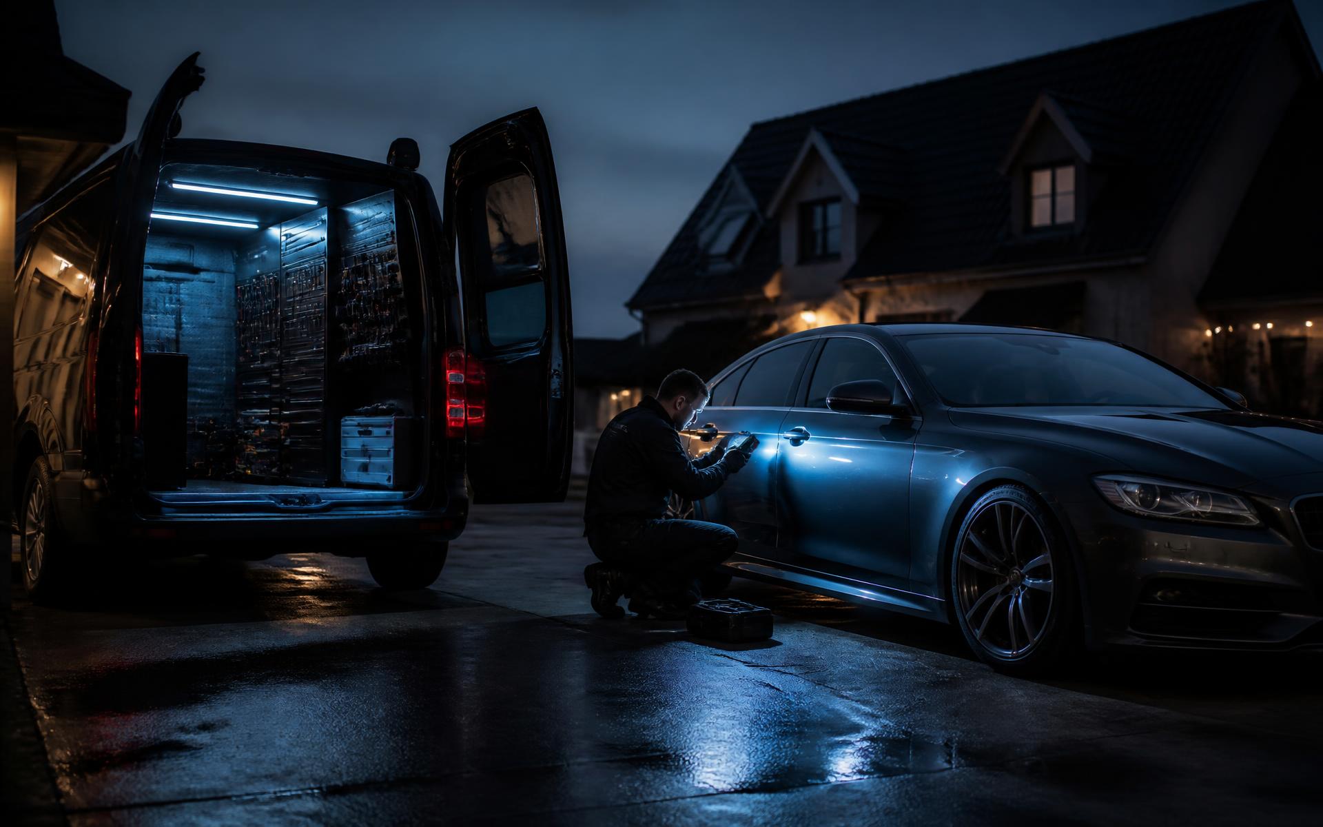 Auto locksmith working at a car door on a driveway at night