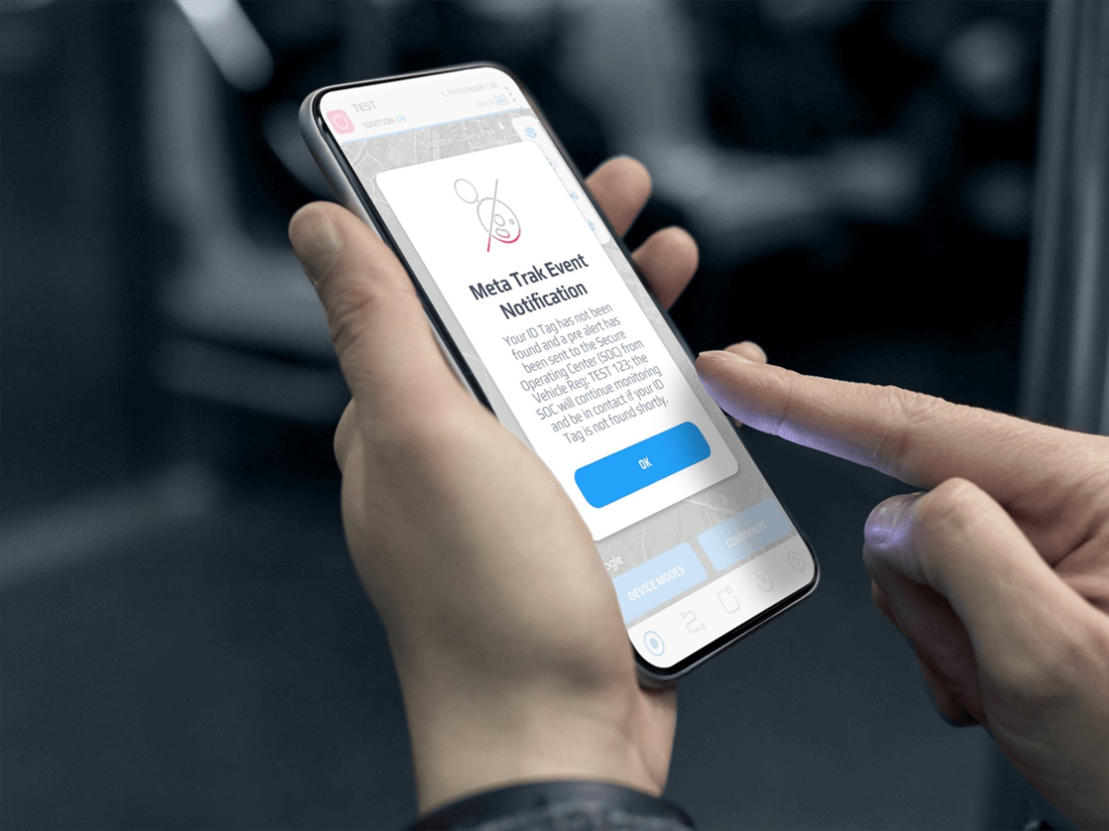 Meta Trak tracking app on a phone