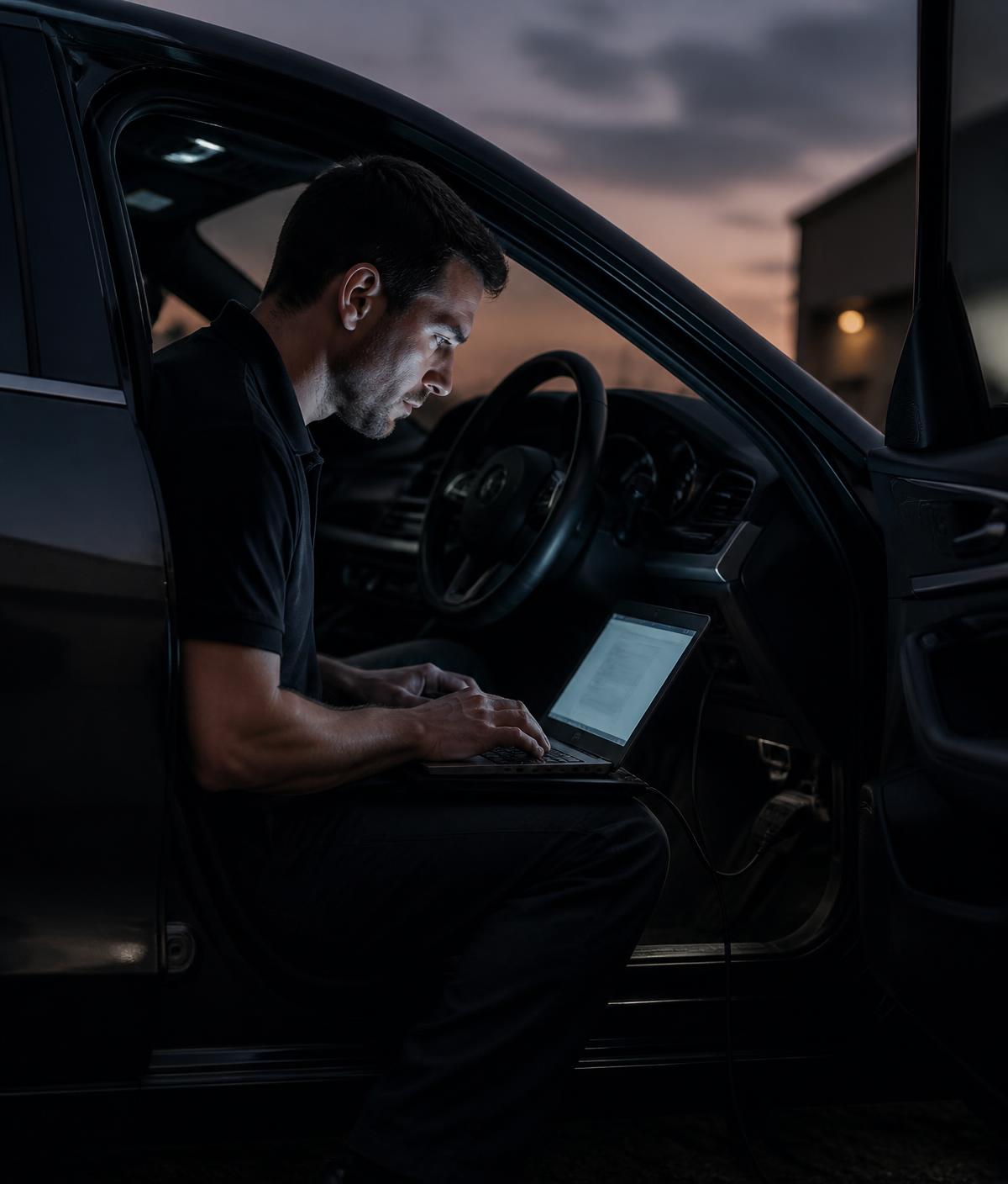 Engineer running diagnostics on a laptop inside a car